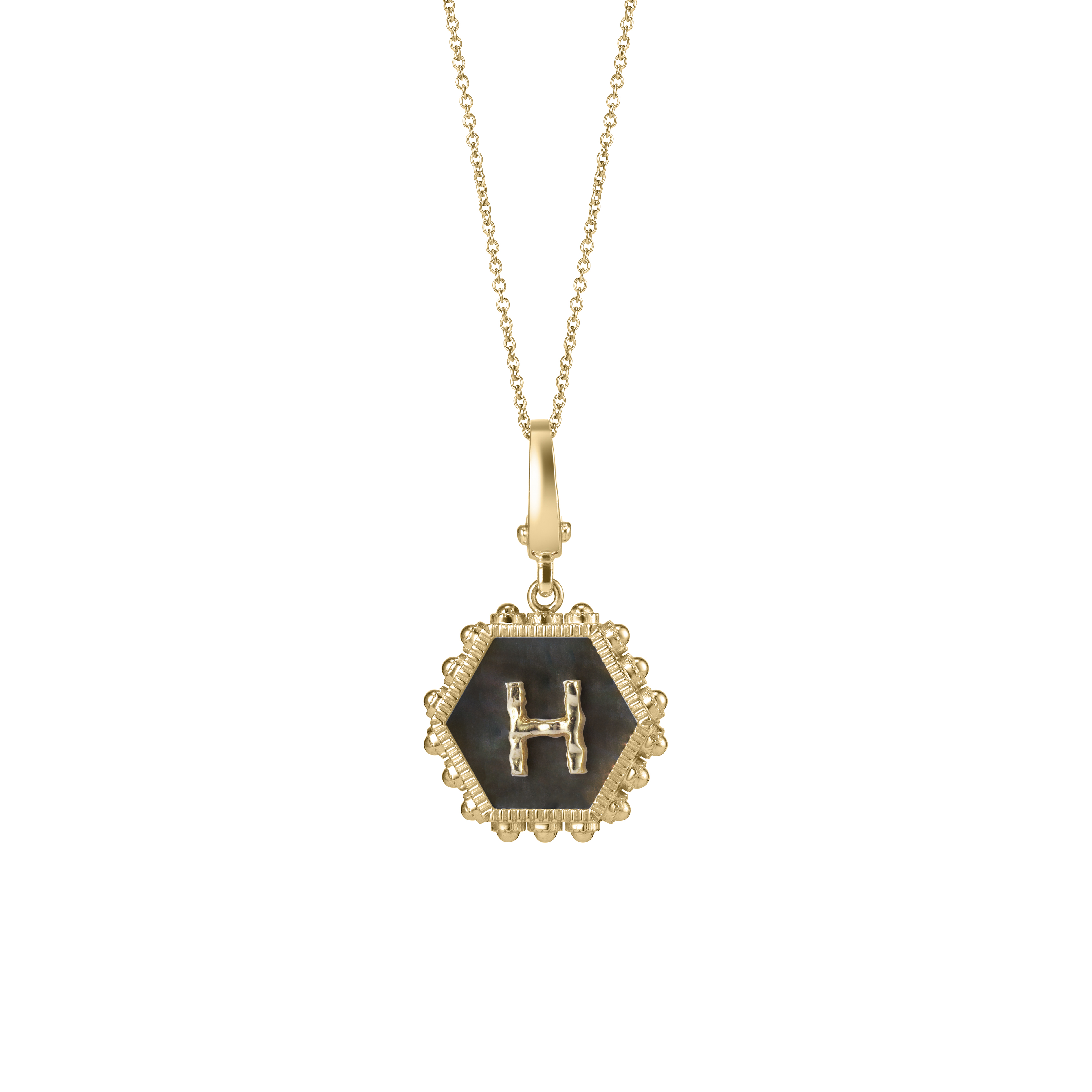Hexagon Initial Necklace / Black Mother of Pearl