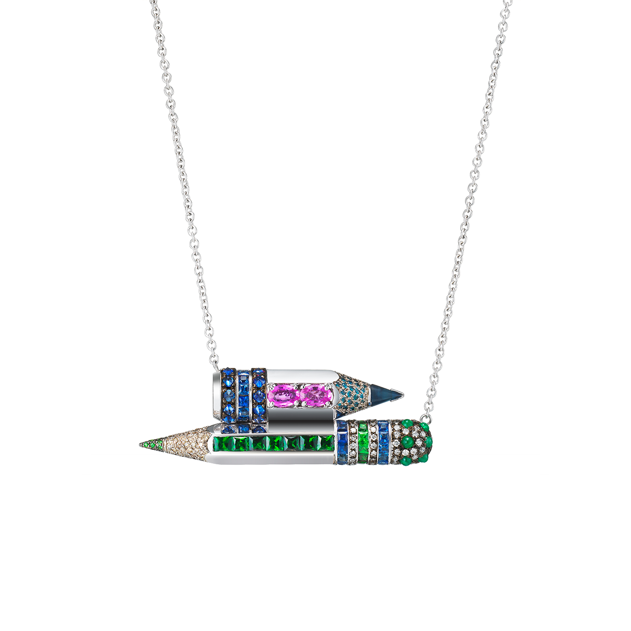 Double Pencil Necklace, Tsavorite and Pink Sapphire