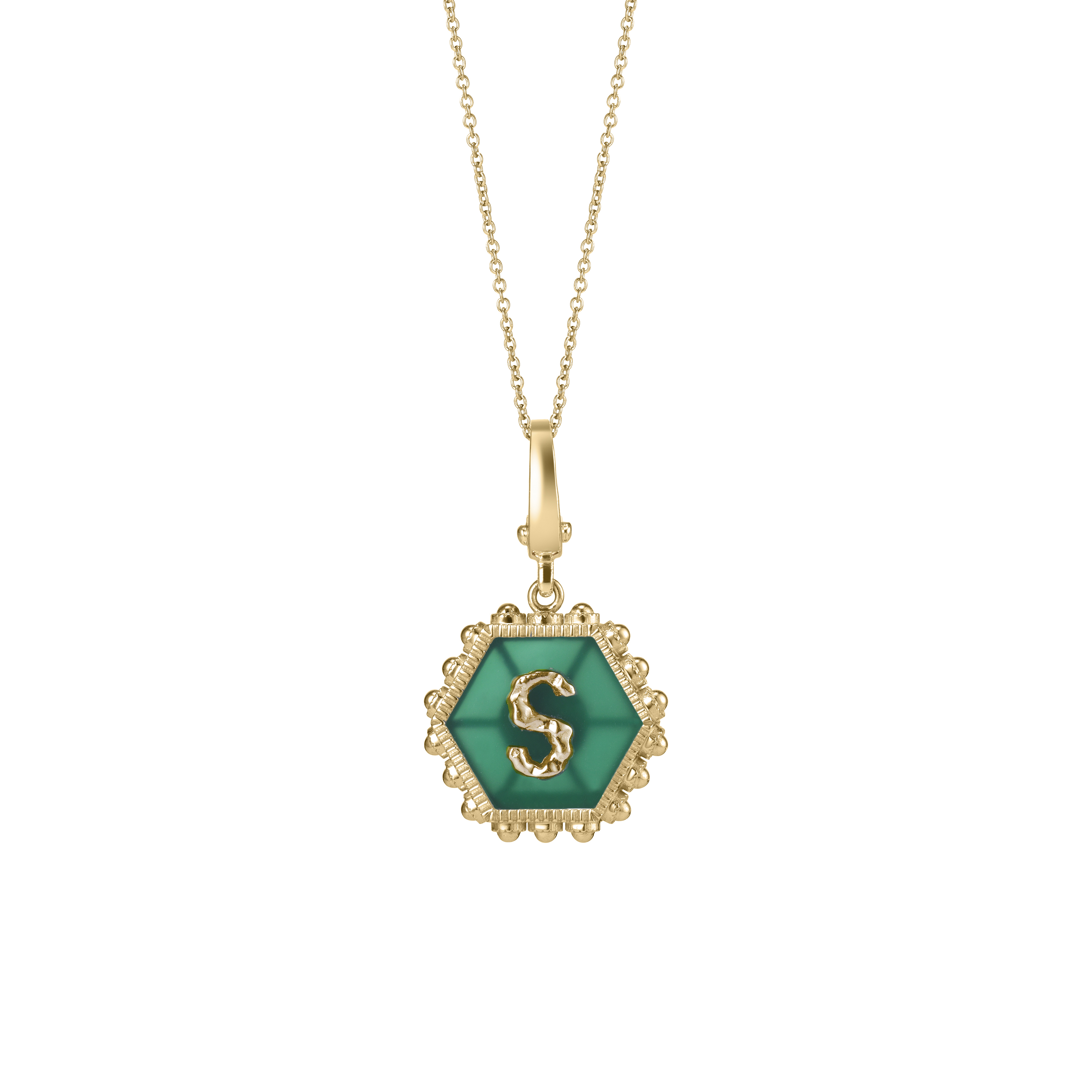 Hexagon Initial Necklace / Green Onyx
