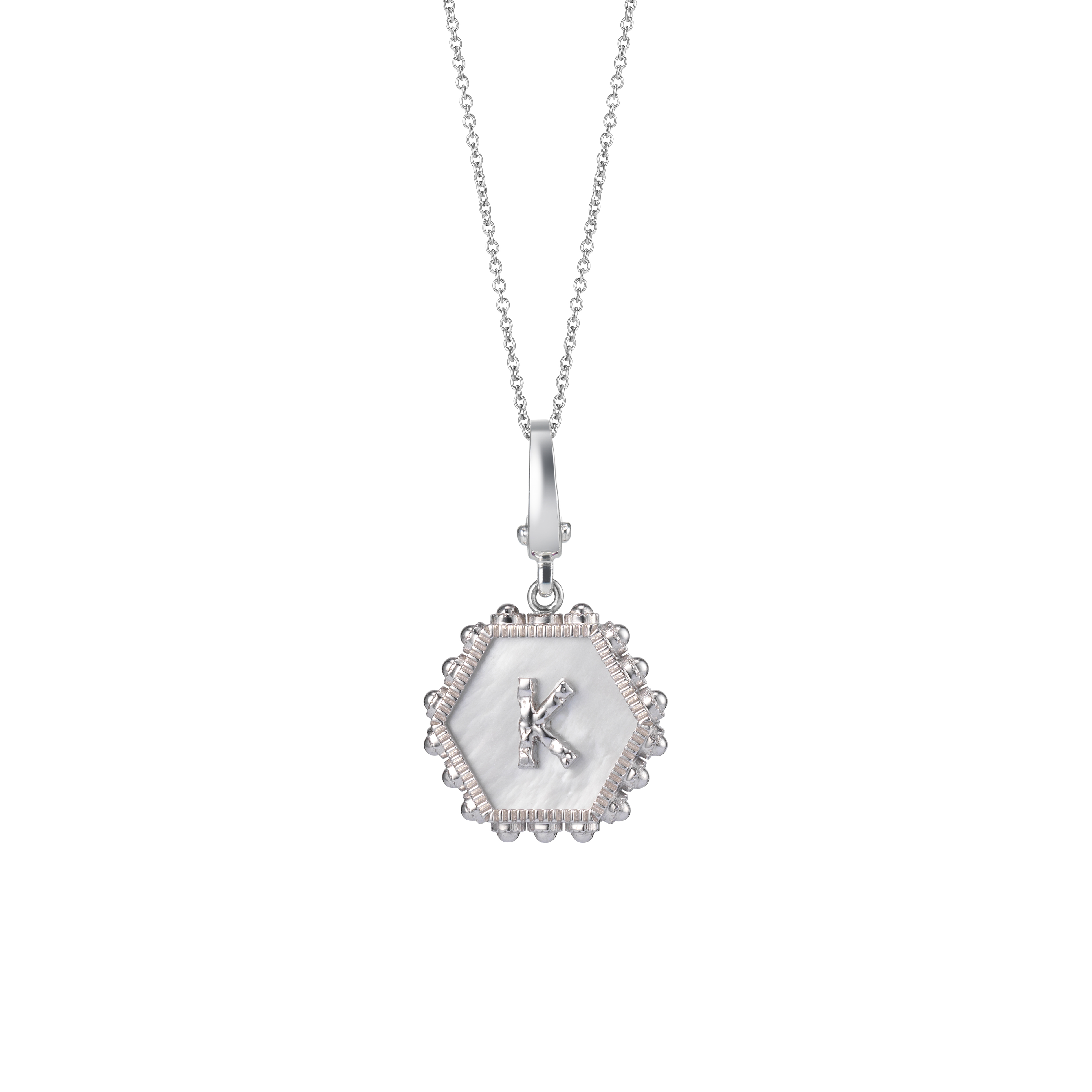 Hexagon Initial Necklace / White Mother of Pearl
