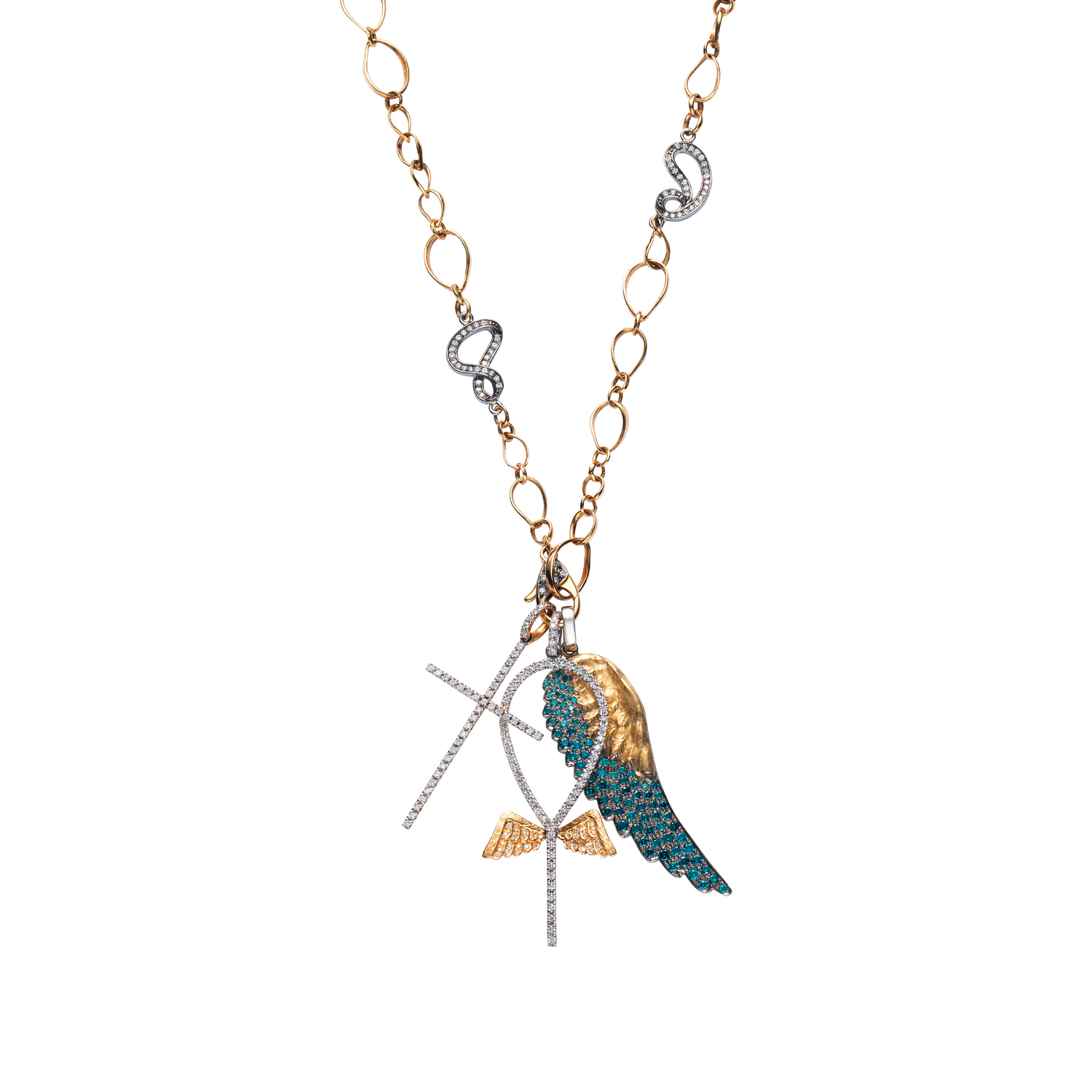 Inifinity Angel Pendants Necklace Set / Blue Diamond