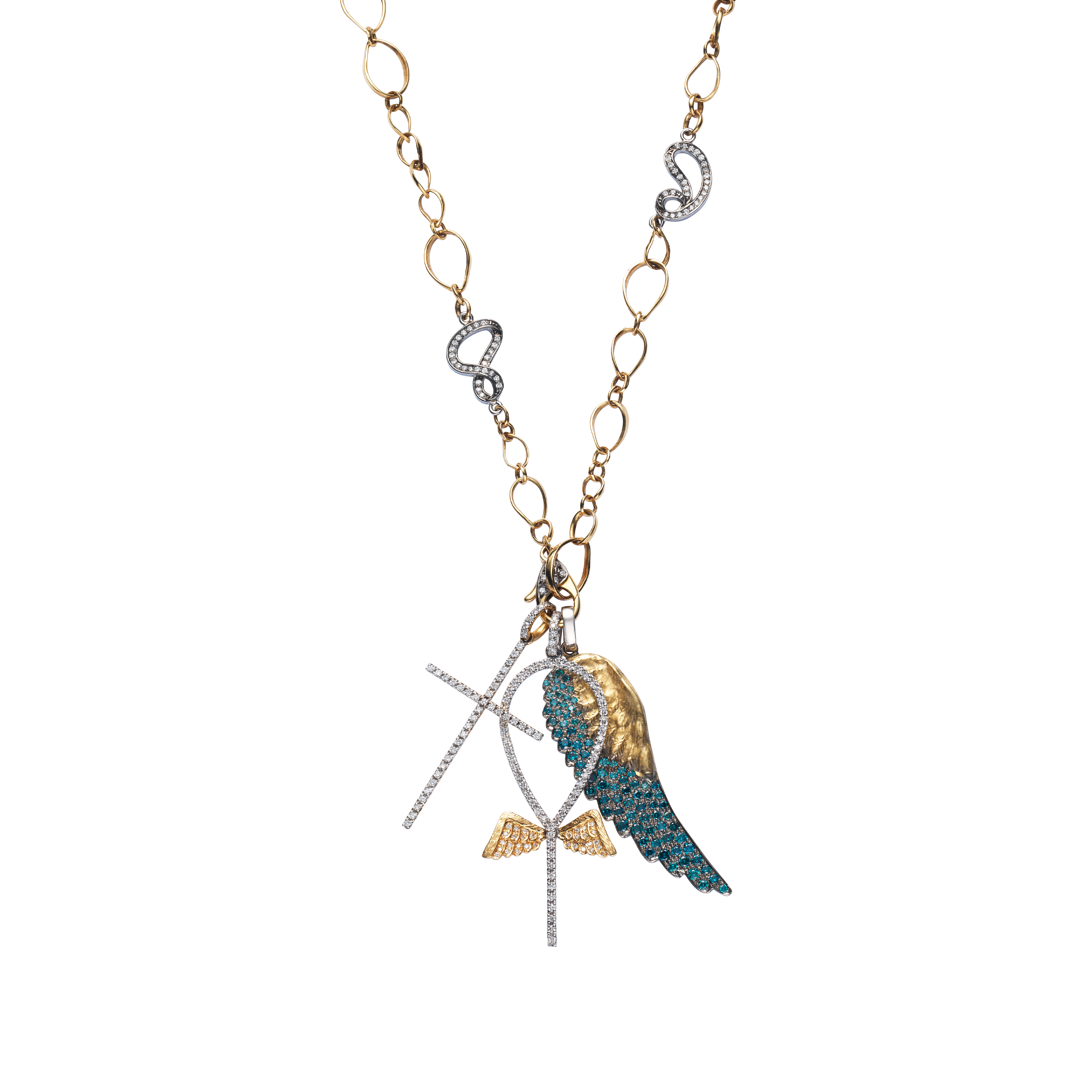 Inifinity Angel Pendants Necklace Set / Blue Diamond