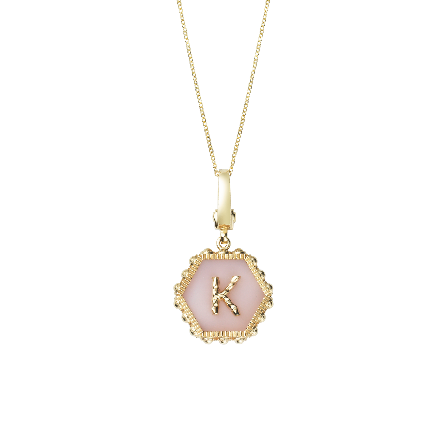 Hexagon Initial Necklace / Pink Opal