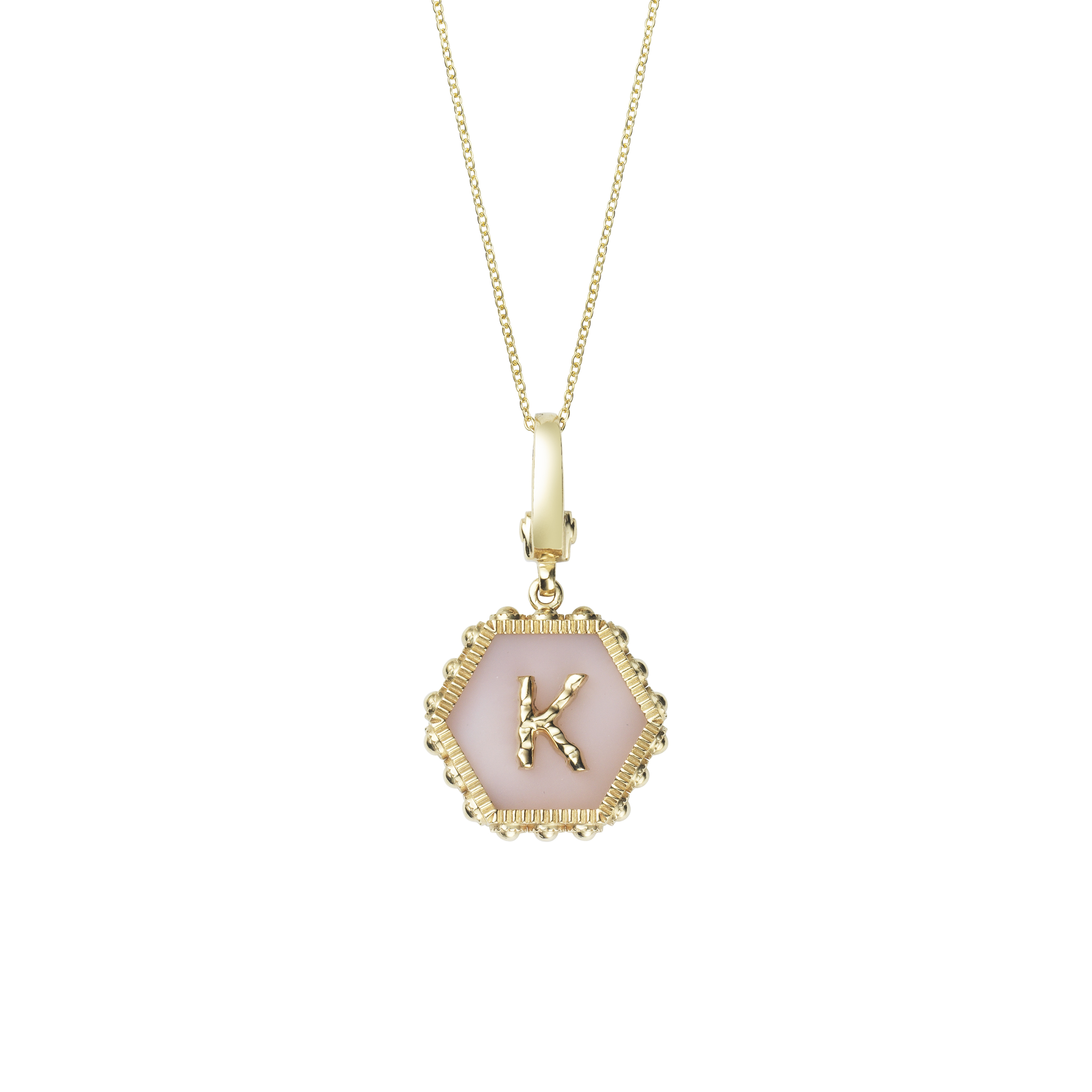 Hexagon Initial Necklace / Pink Opal