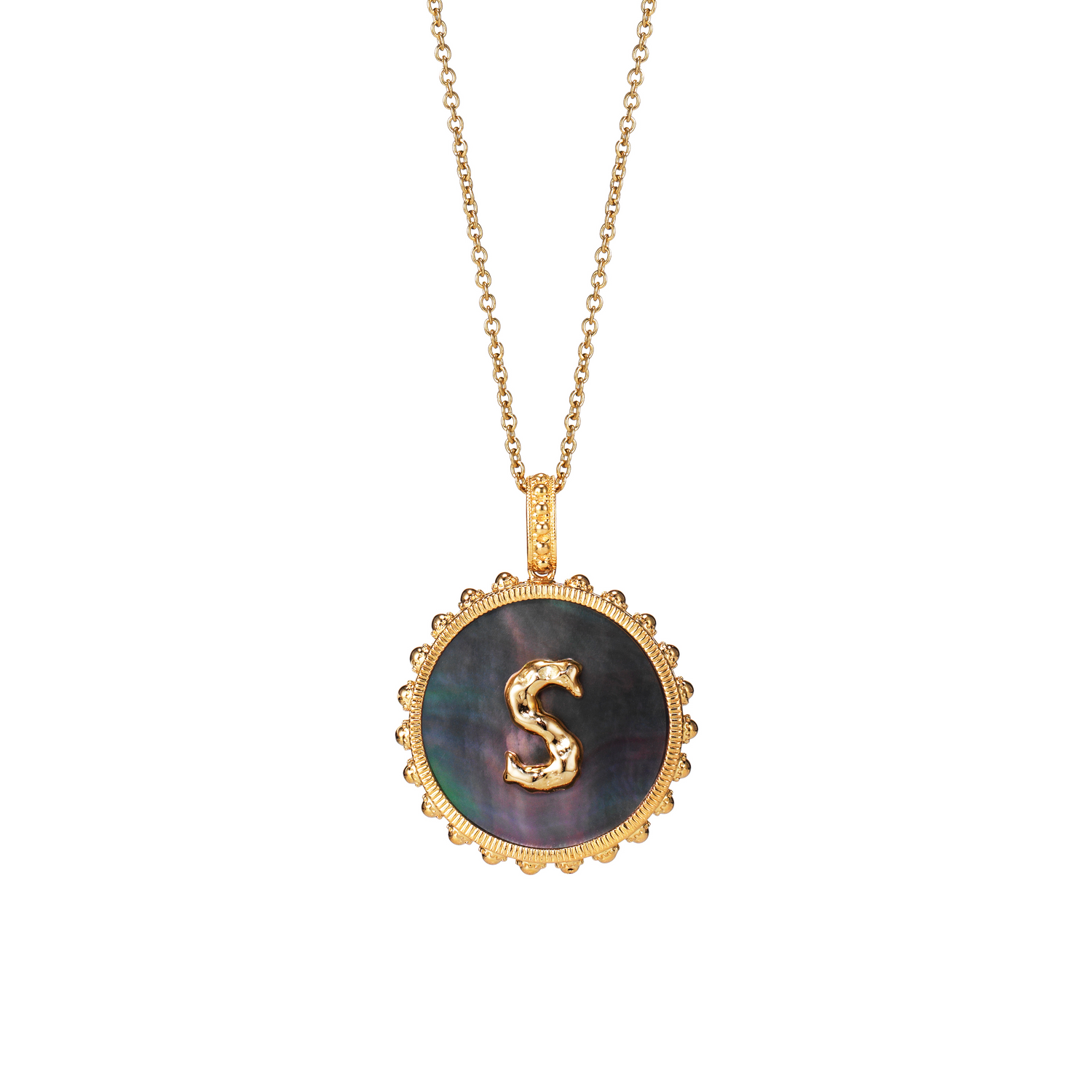 Bold Round Initial Necklace / Black Mother of Pearl