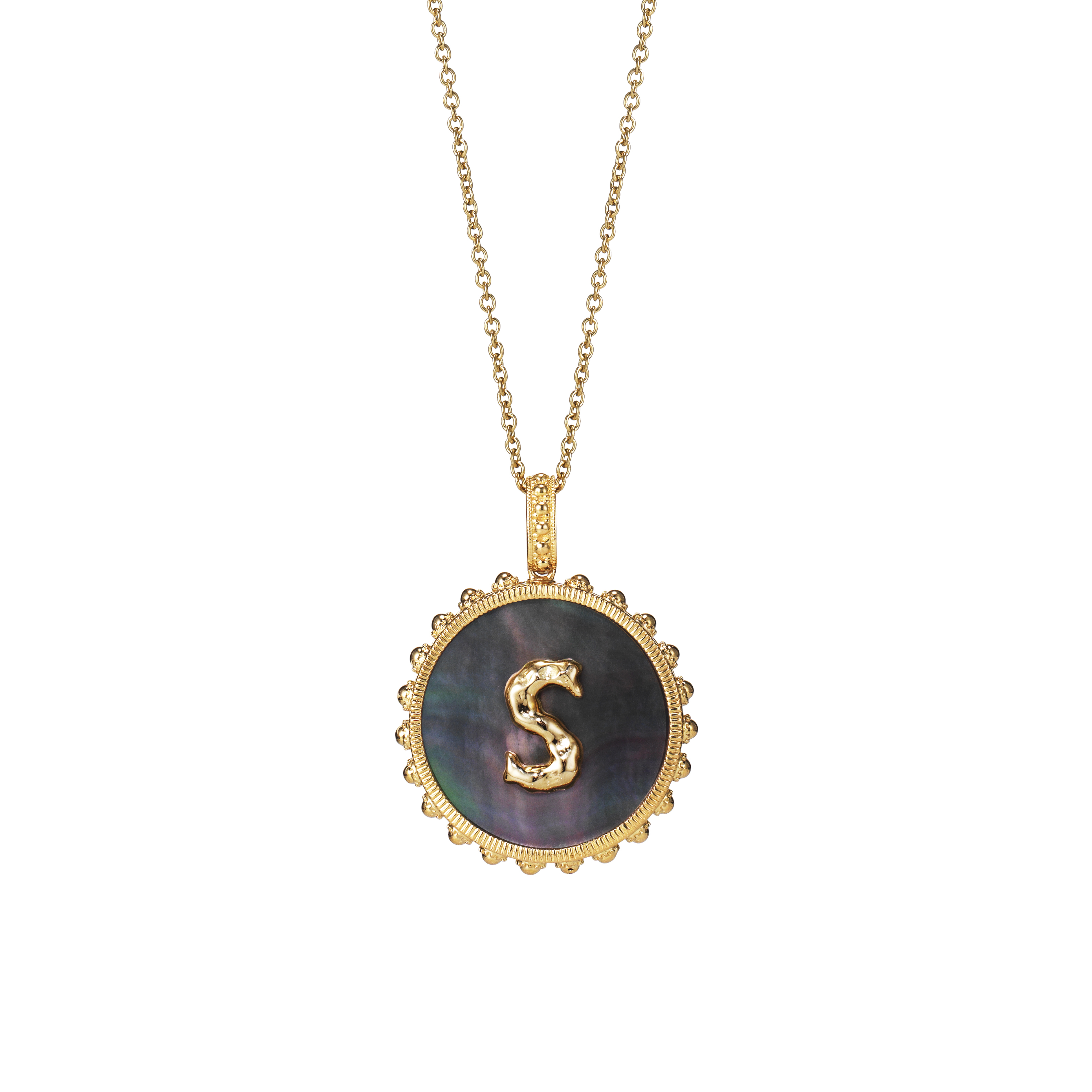 Bold Round Initial Necklace / Black Mother of Pearl